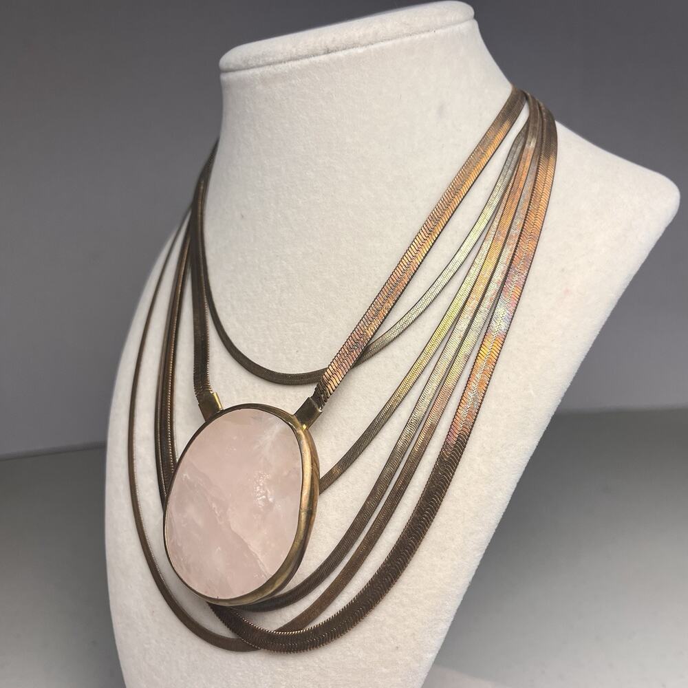 Lena Bernard Multi Strand Herringbone Necklace Rose Quartz Pendant Gold Tone VTG - Picture 11 of 12